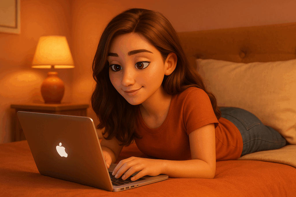 Pixar-style 3D illustration of a woman lying on her bed in a warm, earth-toned room, focused on her laptop—representing the calm, behind-the-scenes nature of building a faceless marketing business from home.