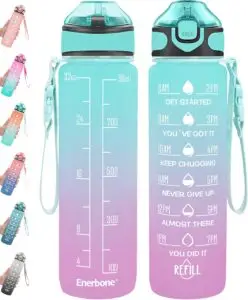 Enerbone 32 oz drinking water bottle in gradient pink and teal with motivational time markers from 8 AM to 7 PM, labeled with phrases like “Get Started” and “You Did It.” Features a flip-top lid, straw, leakproof design, carrying strap, and BPA-free materials — perfect for staying hydrated as part of a morning routine for success.