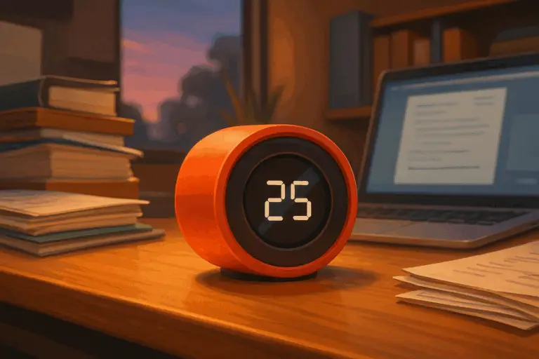 Pixar-style digital illustration of a busy desk setup with an aesthetic Pomodoro timer, open laptop, scattered books, documents, and a glowing workspace — capturing the vibe of deep focus and productivity.