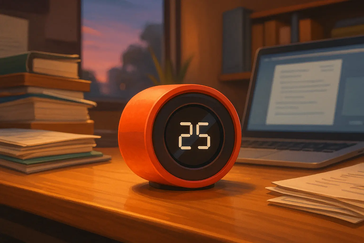 Pixar-style digital illustration of a busy desk setup with an aesthetic Pomodoro timer, open laptop, scattered books, documents, and a glowing workspace — capturing the vibe of deep focus and productivity.