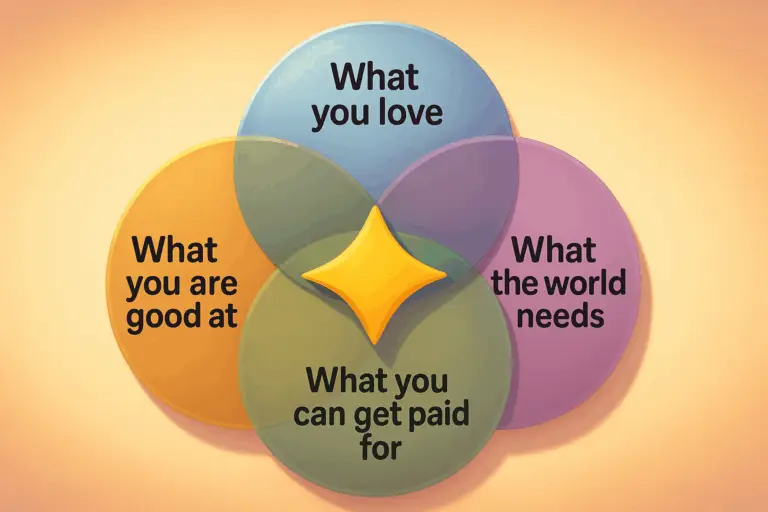 A colorful Venn diagram showing the four elements of Ikigai: what you love, what you’re good at, what the world needs, and what you can get paid for — visually explaining how to make money from what you love (Ikigai).