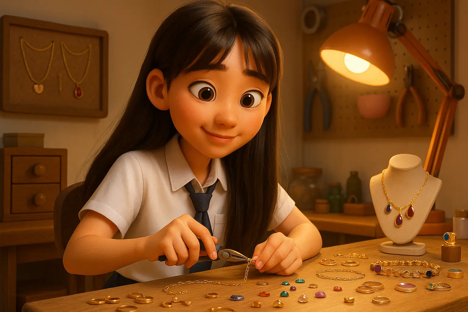 A young girl smiling while handcrafting jewelry at a warm, cozy workbench, representing the idea of starting a creative business from passion — a real example of how to make money from what you love (Ikigai).