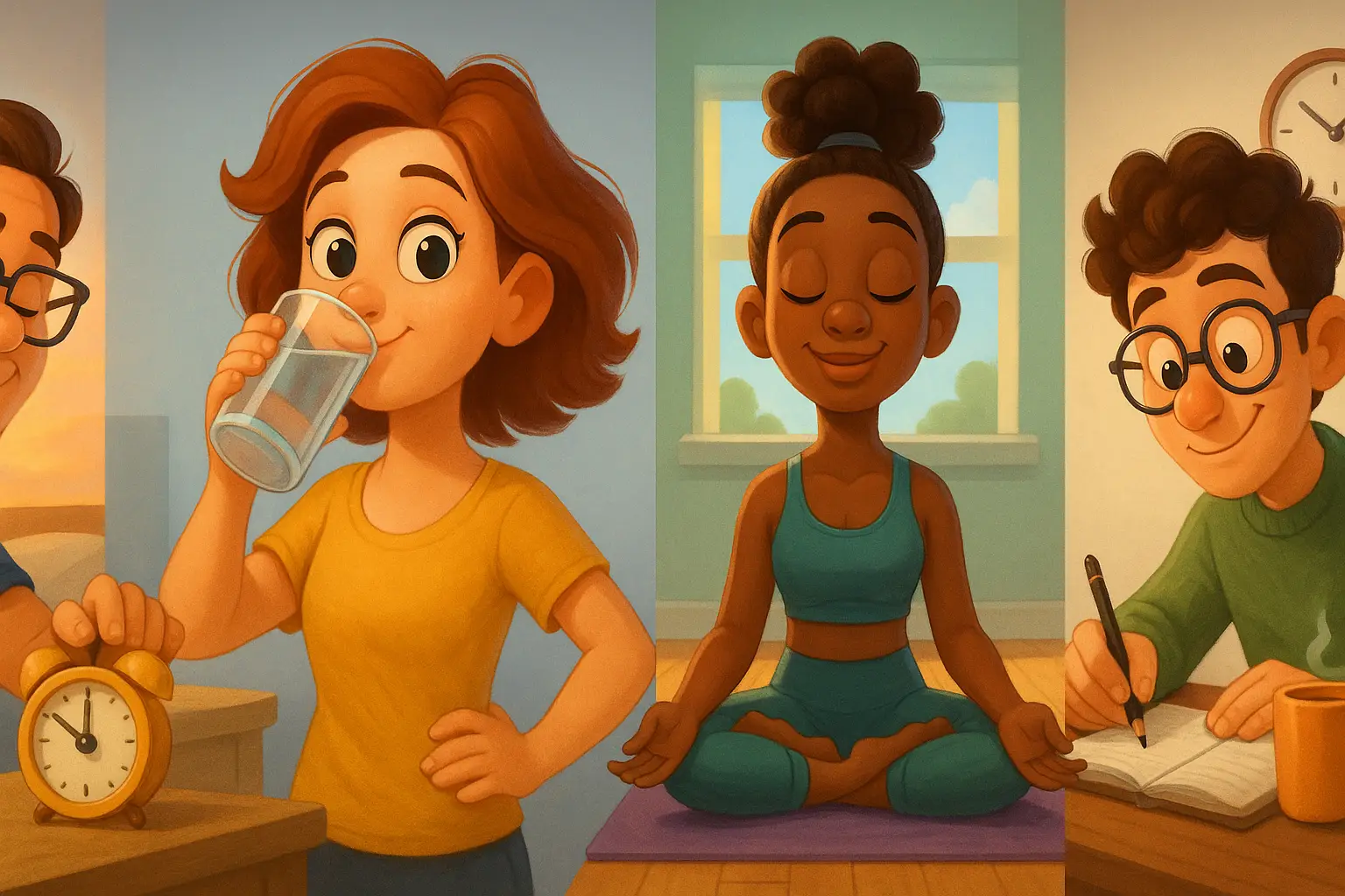 Pixar-style illustration showing a morning routine for success, with four animated characters: one turning off an alarm clock, one drinking a glass of water, one meditating on a yoga mat, and one writing in a journal at a desk — each representing simple and intentional habits.