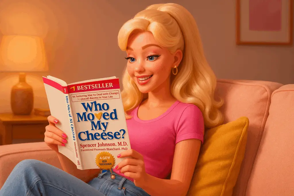 Barbie-style 3D illustration of a smiling woman with long blonde hair sitting on a pink couch, reading the book Who Moved My Cheese? by Spencer Johnson in a warm, cozy room with soft lighting and pastel decor.