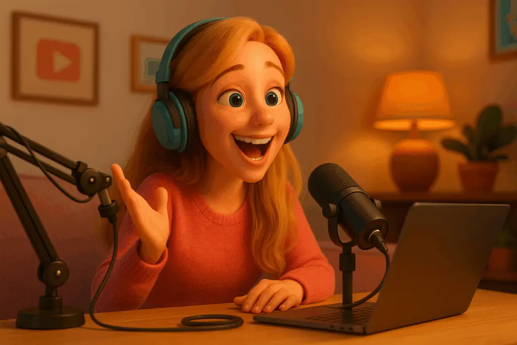 Pixar-style 3D illustration of a happy woman podcasting from home, wearing colorful headphones and speaking into a microphone—representing a creative and joyful way to build a faceless business.