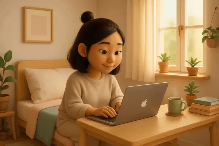 Pixar-style illustration of a young woman working diligently on her laptop in a cozy bedroom, representing the concept of a faceless business, with warm lighting, indoor plants, a wooden desk, and a peaceful, minimalist atmosphere.