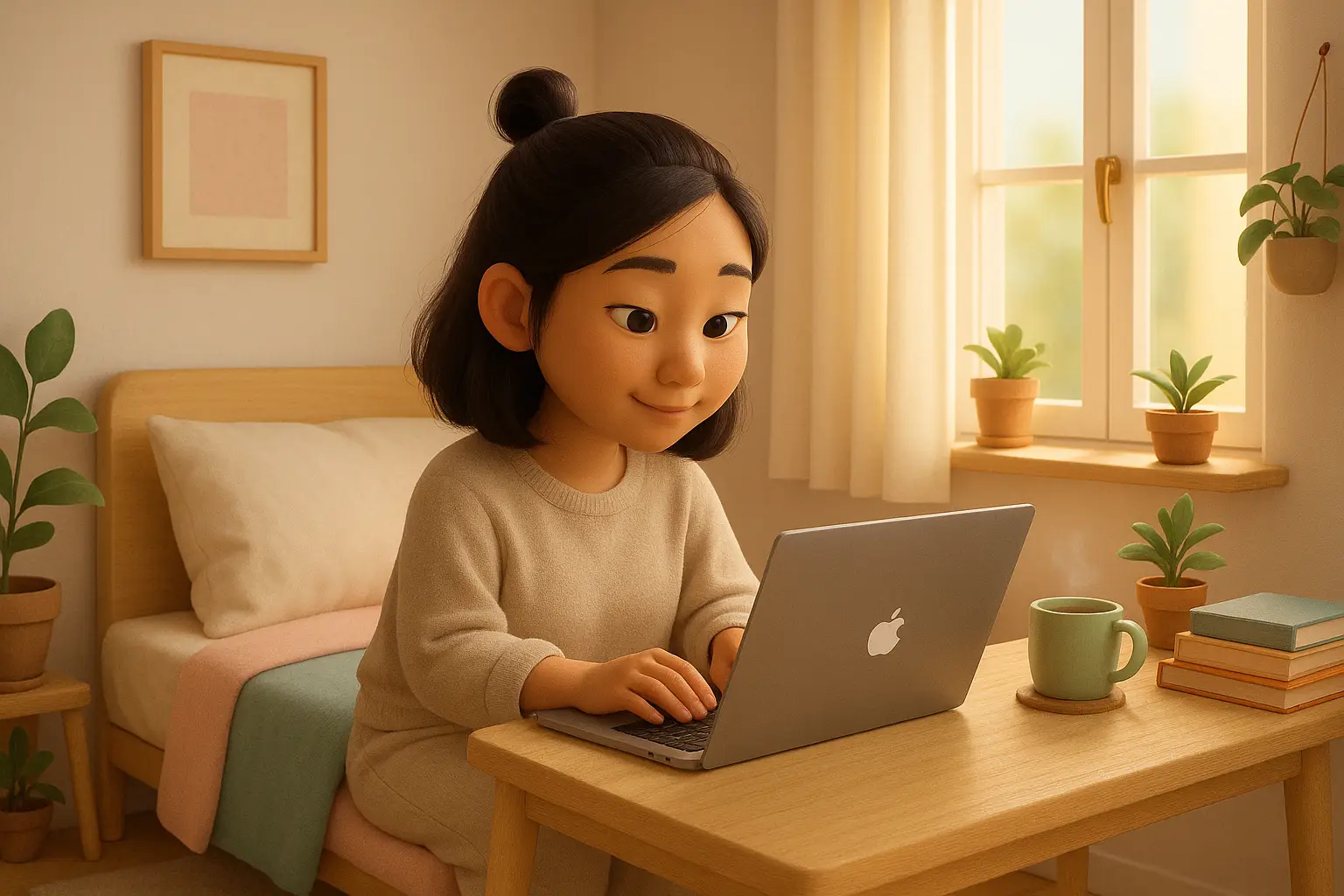 Pixar-style illustration of a young woman working diligently on her laptop in a cozy bedroom, representing the concept of a faceless business, with warm lighting, indoor plants, a wooden desk, and a peaceful, minimalist atmosphere.