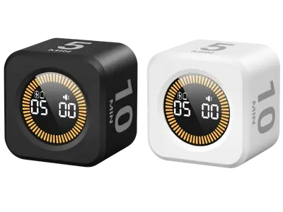 Modern black and white KADAMS aesthetic Pomodoro timers with LED ring countdown displays and preset time intervals — ideal for focused work sessions in a minimalist setup.