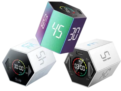 Set of three TickTime hexagon Pomodoro timers in modern designs with digital displays and color-coded countdown indicators — perfect for aesthetic desks and customizable time-blocking workflows.