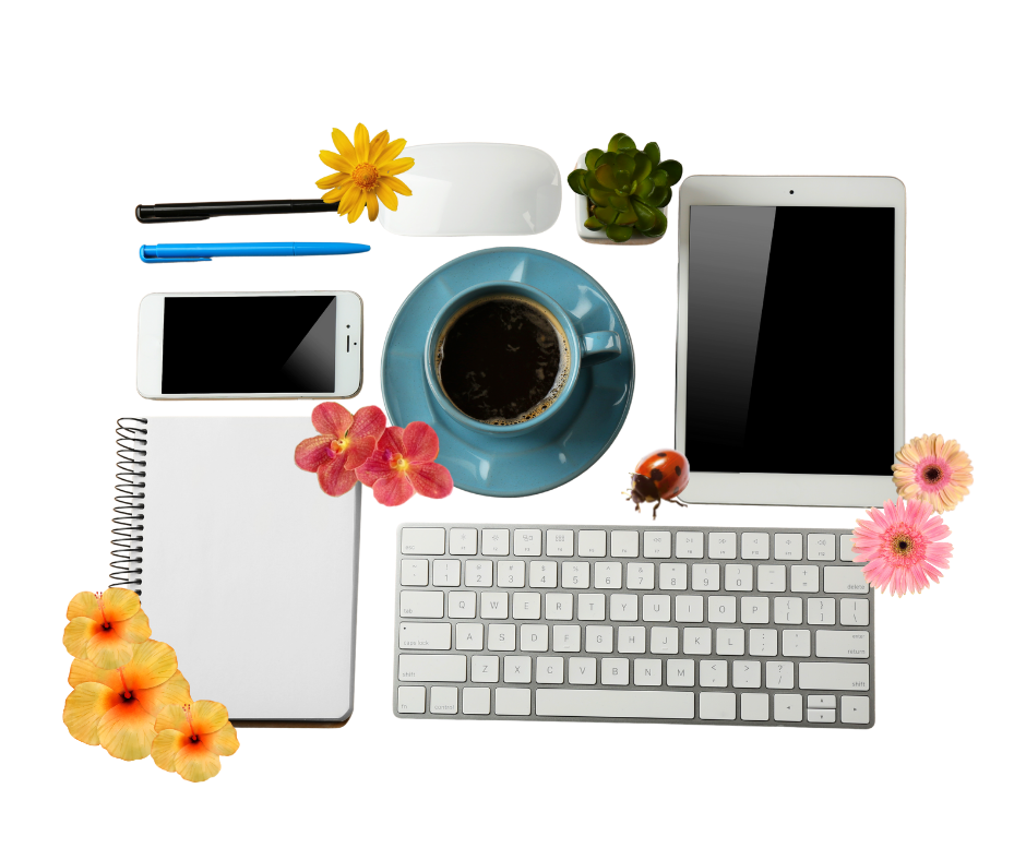 Minimal flat lay workspace with coffee, tablet, keyboard, notebook, phone, pens, and flowers, representing calm productivity, digital work, and intentional planning.