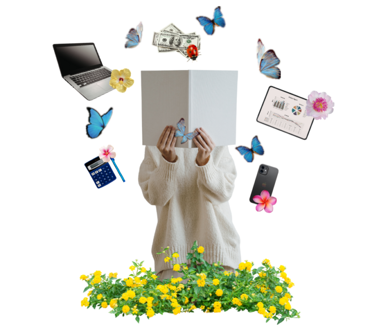Woman holding a book in front of her face, surrounded by butterflies, money, laptop, analytics charts, phone, calculator, and flowers, symbolizing intentional business, creativity, and mindful work.
